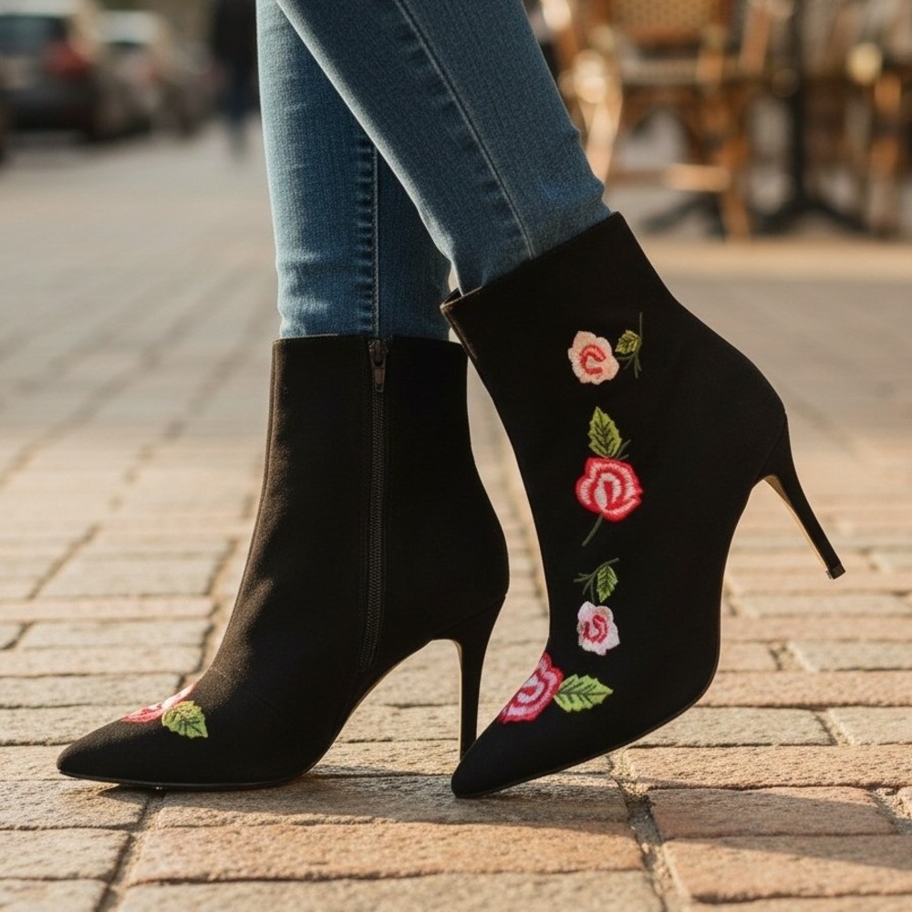 Betsey Johnson Estelle Ankle Boots 8.5 Black Pink Floral Embroidered Stiletto